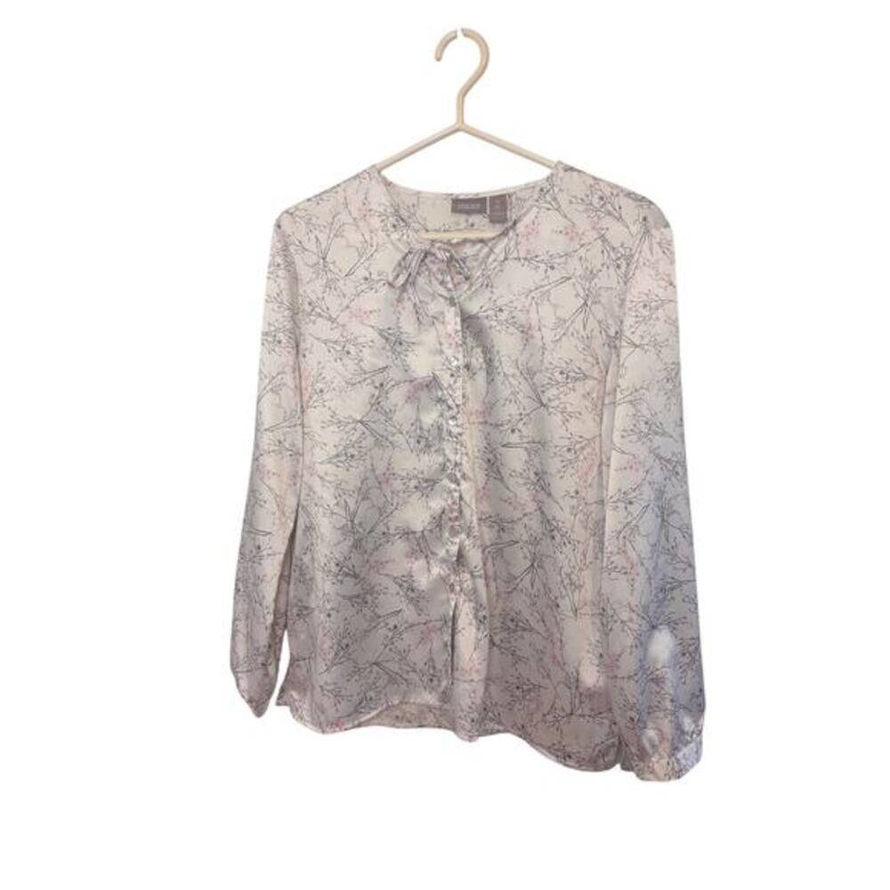 Chico's White Pink Floral Print Tie Neck Blouse Size Large Feminine Fairy Spring